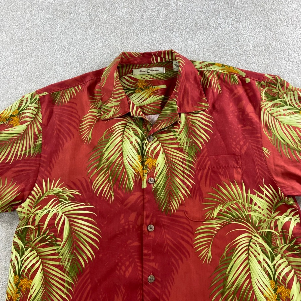 Tommy Bahama Button Down Mens Medium Red Silk Palm Leaf Tropical Camp Shirt